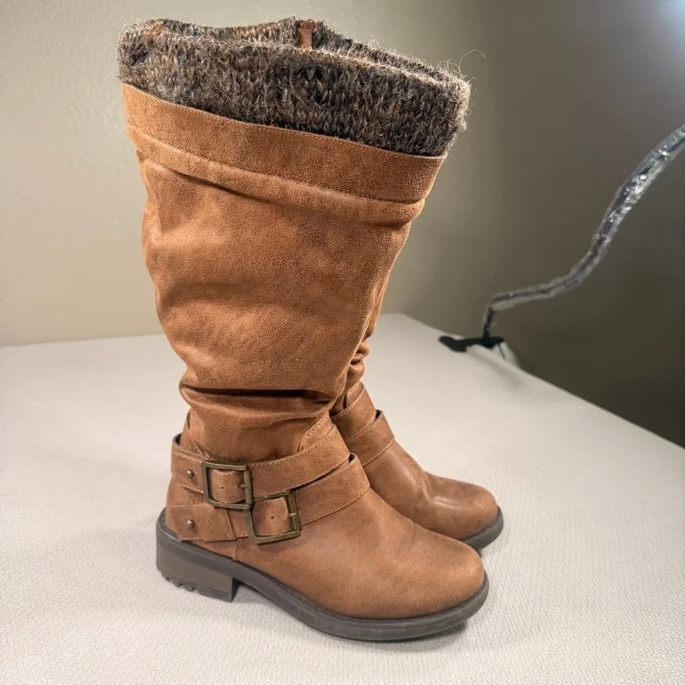 Torrid Slouchy Tall Boots 7W Womens Cognac Faux Leather Knit Cuff Buckle Detail